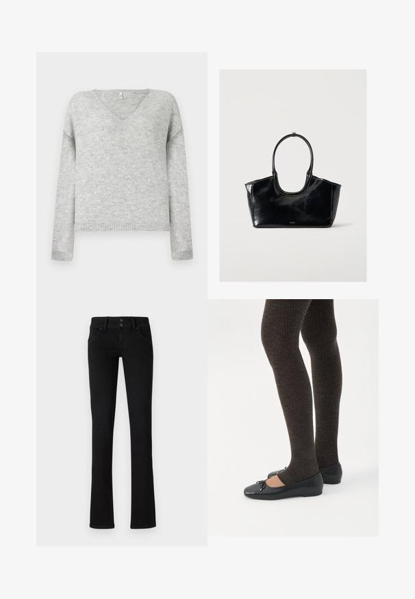 Grå v-hals sweater lavet af blødt materiale, med en afslappet pasform og prydet med små sølvfarvede pailletter over hele stoffet.; Sort slim-fit jeans med to frontlommer, bæltestropper og dobbelt knaplukning, præsenteret på en ensfarvet hvid baggrund.; Ben iført mørke ribbede leggings kombineret med sorte balletsko med små sløjfedetaljer på hvid baggrund.; Sort blank læderhåndtaske med stort ovalt håndtag og subtilt logo foran mod en ensartet lys baggrund.
