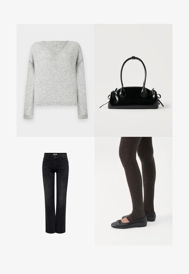 Grå v-hals sweater lavet af blødt materiale, med en afslappet pasform og prydet med små sølvfarvede pailletter over hele stoffet.; ONLY BLUSH MID STRAIGHT NOOS - Jeans Straight Leg - washed black; Ben iført mørke ribbede leggings kombineret med sorte balletsko med små sløjfedetaljer på hvid baggrund.; Lille sort blank håndtaske med to lange håndtag og snøre-detaljer i siden på en ensfarvet lys baggrund.