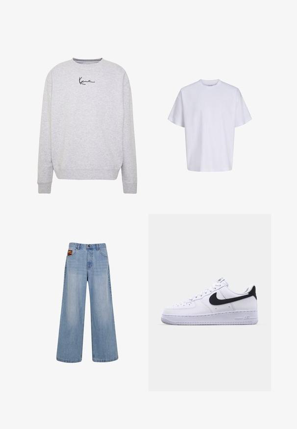 Grå sweatshirt lavet af blød stof, med rund hals, lange ærmer og et minimalistisk sort signaturdesign på brystet.; Simpel hvid oversized t-shirt med korte ærmer, rund hals og løs pasform mod en hvid baggrund.; Lyseblå vide jeans med høj talje og en lille farverig vævet detalje, der stikker frem fra den højre forlommer.; Hvide lædersneakers med en struktureret sort Swoosh, flade snørebånd og en gummisål med et rillemønster. "AIR" er præget på hælen.