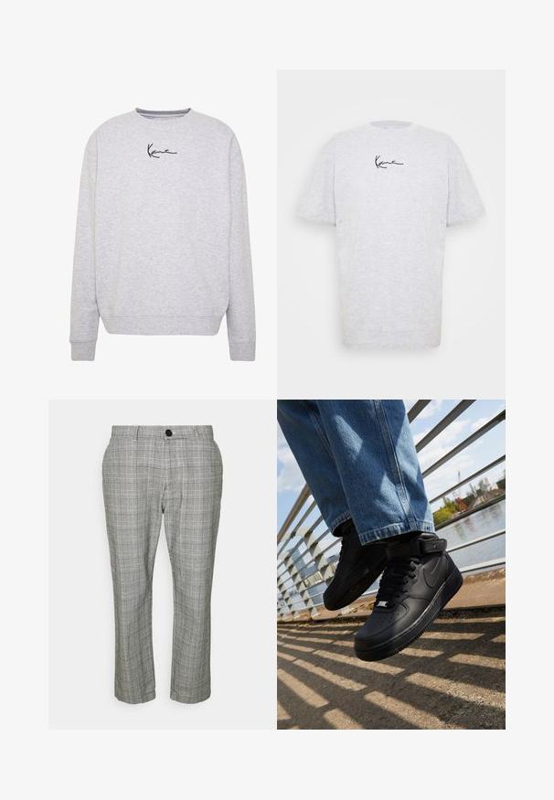Grijze sweatshirt gemaakt van zachte stof, met een ronde hals, lange mouwen en een minimalistisch zwart handtekeningontwerp op de borst.; Grijze t-shirt met korte mouwen van katoen. Heeft een ronde hals en een zwart logo in handgeschreven stijl op de voorkant. Zachte textuur.; Grijze, geruite broek met een getailleerde pasvorm, voorzien van een ritssluiting, knoopsluiting en zijzakken. De stof heeft een zachte textuur.; Zwarte Nike Air Force 1 sneakers met leren bovenkant, mesh tong en rubberen zool, met een high-top ontwerp en dikke veters.