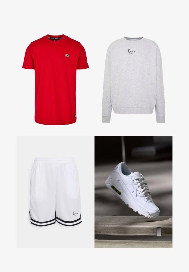 Grå sweatshirt lavet af blød stof, med rund hals, lange ærmer og et minimalistisk sort signaturdesign på brystet.; Rød bomulds t-shirt med rund hals, korte ærmer og et lille sort logo på venstre bryst og ærme. Glat, ensfarvet stof.; Hvide atletiske shorts lavet af letvægtsstof, med en sort stribet kant og et signaturlogo på den nederste venstre side.; Hvide lædersneakers med teksturerede overflader, polstret krave og synlig luftpolstring i sålen. Har snørrebånd og et minimalistisk design.