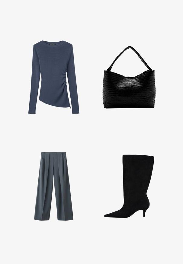 Haut pour femme bleu foncé à manches longues avec col rond et des fronces latérales subtiles sur un côté pour une coupe ajustée.; Pantalon gris foncé à jambes larges avec plis à l'avant et poches latérales, présenté sur fond blanc.; Bottine en daim noir avec un bout pointu, un talon fin de 5 cm et une texture lisse, dotée d'une tige haute.; Sac à main tissé noir avec une anse unique tressée, forme rectangulaire et surface texturée brillante.