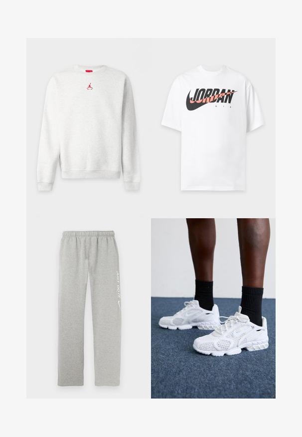 Svetlošedá mikina s okrúhlym výstrihom, dlhé rukávy, malé červené logo Jumpman a text "AIR" umiestnený v strede pod golierom.; Biele tričko s krátkym rukávom s veľkým čiernym a ružovým logom "JORDAN AIR" a Nike swooshom cez hruď.; Sivé teplákové nohavice vyrobené z mäkkého materiálu s elastickým pásom. Na jednej nohe je biely nápis "JUST DO IT" a logo Nike Swoosh.; Biele športové topánky s priedušnou sieťovinou, textúrovanými akcentmi a polstrovanou podrážkou. Kombinované s čiernymi rebrovanými členkovými ponožkami na modrom kobercovom povrchu.