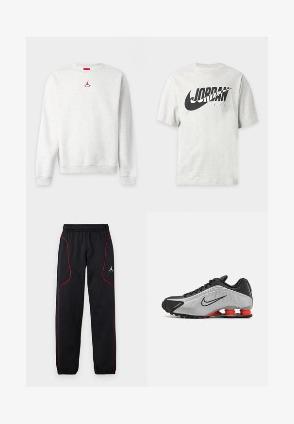 Svetlošedá mikina s okrúhlym výstrihom, dlhé rukávy, malé červené logo Jumpman a text "AIR" umiestnený v strede pod golierom.; Svetlosivé tričko s krátkym rukávom s čiernym logom Nike a textom "JORDAN AIR" na prednej strane.; Čierne športové nohavice s červeným pásikom, elastickým pásom a manžetami a malým bielym logom Jumpman na pravom stehne.; Čierna a strieborná atlétická obuv s textúrovaným zvrškom, výraznými drážkami a červenými tlmiacimi prvkami na päte pre podporu. Nízky strih.