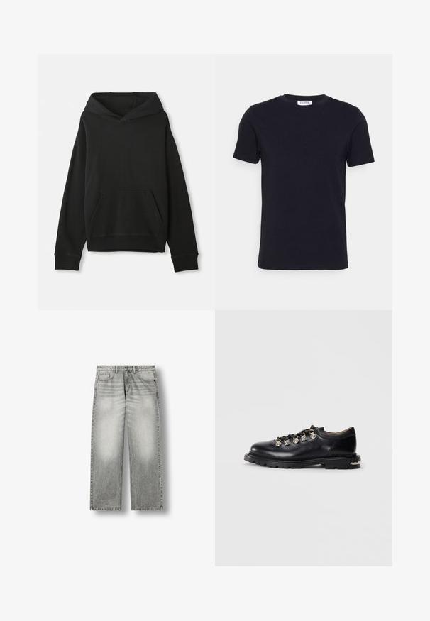 Zwarte sweatshirt met een capuchon, voorzien van een voorste kangoeroe-pocket. Gemaakt van zacht materiaal met ribgebreide manchetten en zoom, biedt een ontspannen pasvorm.; Zwart T-shirt met korte mouwen en ronde hals, met een klein wit label aan de binnenkant van de halslijn.; Grijs verbleekte rechte spijkerbroek met voorzakken, riemlussen en een knoopsluiting op een witte achtergrond.; Zwarte leren lage schoen met dikke zool, metalen oogjes, decoratieve zilveren charmes aan de veters en een gestructureerde loopzool.