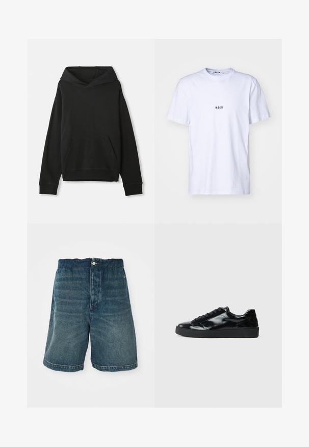 Sort sweatshirt med hætte, der har en frontkangaroo lomme. Lavet af blødt stof med ribbet manchetter og underkant, der giver en afslappet pasform.; Hvid bomulds T-shirt med rund halsudskæring, korte ærmer og et lille sort "MSGM" logo trykt på forsiden. Glat tekstur.; Mørkeblå denim shorts med løs pasform, der har en knaplukning og synlig syning langs kanten og lommerne.; Sorte laklæder sneakers med rund tå, snørredesign, tekstureret gummisål og en glat overflade.
