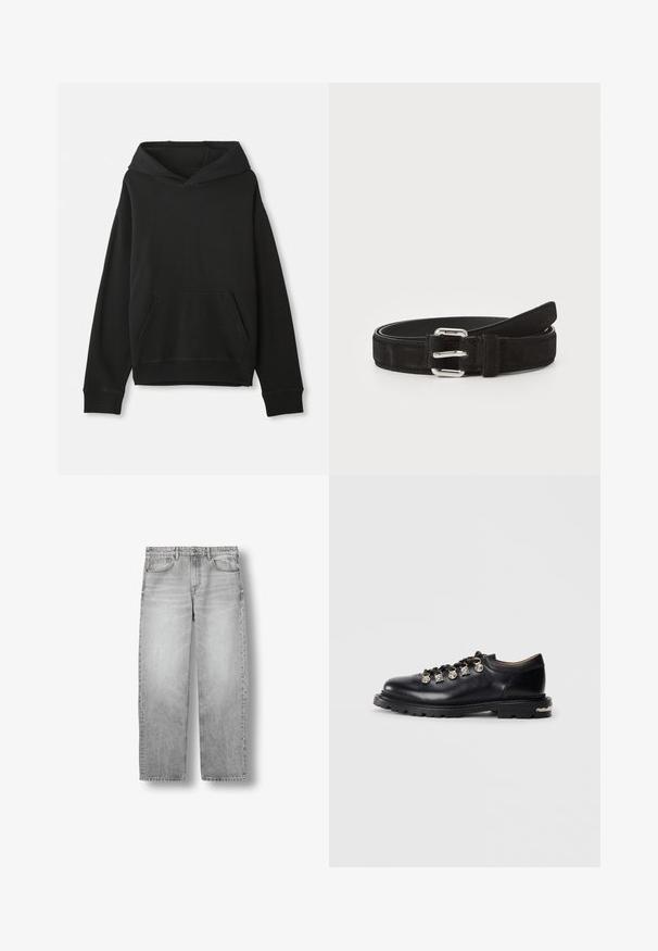 Zwarte sweatshirt met een capuchon, voorzien van een voorste kangoeroe-pocket. Gemaakt van zacht materiaal met ribgebreide manchetten en zoom, biedt een ontspannen pasvorm.; Lichtgrijze rechte spijkerbroek met voorzakken, riemlussen en knoopsluiting, plat weergegeven op een witte achtergrond.; Zwarte leren lage schoen met dikke zool, metalen oogjes, decoratieve zilveren charmes aan de veters en een gestructureerde loopzool.; Zwarte suède riem met een zilveren metalen gesp, met een gladde afwerking en een ontwerp met één pin. Verstelbare lengte met gestikte randen.