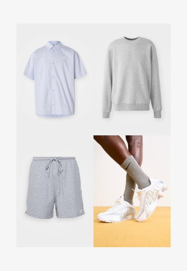 Sudadera gris hecha de una tela suave, con cuello redondo, puños y dobladillo acanalados, y un sutil logo en la parte delantera.; Camisa de manga corta azul claro hecha de una tela suave, con un diseño de botones y un pequeño logo blanco de Nike en el pecho.; Pantalones cortos deportivos de algodón gris con cintura ajustable con cordón, bolsillos laterales y un pequeño logotipo en el dobladillo inferior.; Zapatillas Nike en blanco con detalles plateados, con paneles texturizados y perforaciones. Combinadas con calcetines grises acanalados, sobre un fondo amarillo.