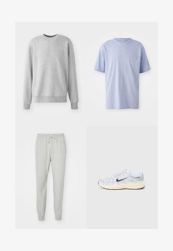 Hall kootud hall sweatshirt pehmest kangast, millel on ümar kaelus, soonikkoes varrukad ja hem, ning esiküljel on peene logoga aktsent.; Heleheles sinine puuvillane T-särk ümmarguse kaelusega ja lühikeste varrukatega. Ees keskel on reljeefne "nike" logo. Pehme tekstuur.; Hallid hallid dressipüksid, mis on valmistatud pehmest materjalist, millel on elastne vöökoht, paelakk ja ribakäised. Küljel on väike logo.; Valged võrkketsid hõbedaste detailidega, must Nike swoosh, pehme krae ja tekstureeritud põhi. Omab kihilist disaini stabiilsuse tagamiseks.