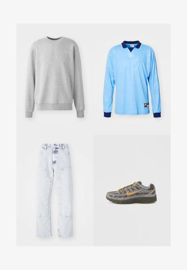 Grijze sweatshirt van zachte stof, met een ronde hals, geribde boorden en zoom, en een subtiele logo-accent op de voorkant.; Lichtblauwe longsleeve polo met marineblauwe kraag en manchetten, voorzien van een subtiel all-over patroon en Nike-logo op de onderrand.; Lichtblauwe denim jeans met rechte pijpen, patchzakken, hoge taille en een vervaagd uiterlijk. Voorzien van ton-sur-ton stiksels en een relaxte pasvorm.; Grijze suède sneaker met gouden accenten, gestructureerde panelen en bijpassende veters. Voorzien van een gevoerde zool en een logodetail aan de zijkant.