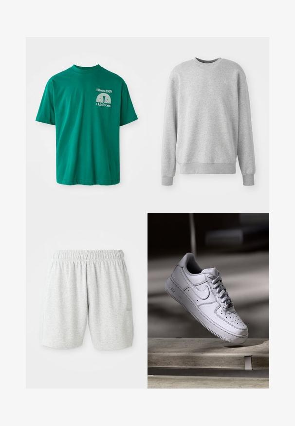 Grå sweatshirt lavet af blødt stof, har en rund halsudskæring, ribbede manchetter og kant, med en diskret logoaccent på fronten.; Grøn bomulds T-shirt med rund halsudskæring. Har et grafisk print i hvid, der læser "Ellesse 1959 Club di Corsa" på venstre bryst.; Grå bomuldsbukser med elastisk talje, der har en glat tekstur og sidelommer. Diskret logodetalje ved kanten.; Hvid læder Nike Air Force 1 sneaker med perforeret tå, flade snørebånd og tekstureret gummisål med "AIR" branding på siden.