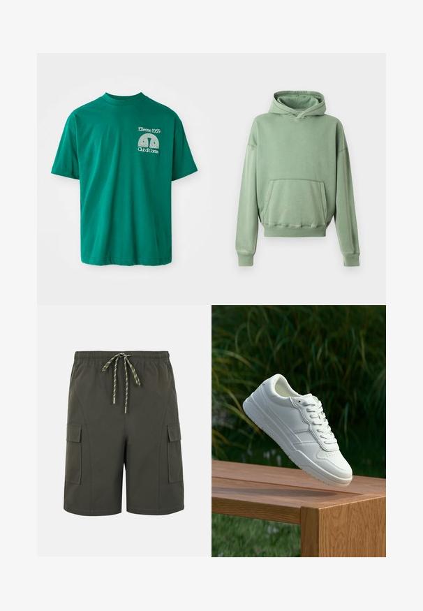 Hollister Co. BAGGY CINCH - Jersey con capucha - green; Camiseta de algodón verde con escote redondo. Presenta un estampado gráfico en blanco que dice "Ellesse 1959 Club di Corsa" en el lado izquierdo del pecho.; Pantalones cortos cargo verde oscuro con cintura elástica, cordón a rayas y bolsillos con solapa en ambos lados.; Zapatilla de cuero blanca con una textura suave, que presenta un diseño perforado, cordones clásicos y suela de goma, posicionada sobre una superficie de madera.