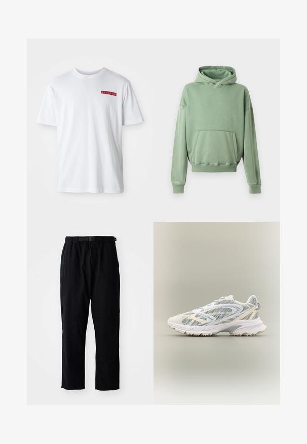Hollister Co. BAGGY CINCH - Kapuzenpullover - green; Weißes Baumwoll-T-Shirt mit Rundhalsausschnitt, kurzen Ärmeln und einem kleinen roten grafischen Detail im linken Brustbereich.; Schwarze, leichte Hose mit geradem Schnitt, elastischem Bund, verstellbarem Gürtel und verstärkten Kniepolstern. Keine sichtbaren Muster oder Akzente.; Weißer Sportschuh mit grauen Netzpaneelen, strukturierten Überzügen, einem gepolsterten Kragen und einer Gummisohle mit kleinen Traktionsspikes.