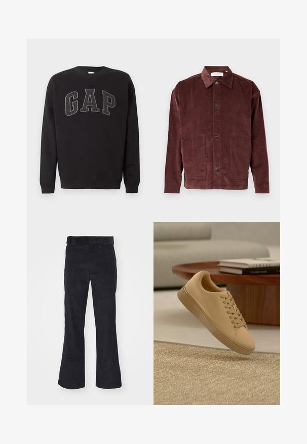 Schwarzes Sweatshirt mit langen Ärmeln und Rundhalsausschnitt, mit großen dunkelgrauen "GAP"-Buchstaben auf der Brust bestickt.; Braune Cordjacke mit klassischem Kragen, vorderer Knopfleiste, zwei großen Taschen und gerippter Textur.; Schwarze Cordhosen mit lockerer Passform, klassischem Bund und weit geschnittenen Beinen, weicher Textur und ohne sichtbare Muster oder Akzente.; Beiger geschnürter Sneaker, der über einem strukturierten Teppich mit Holzcouchtisch und gestapelten Büchern im verschwommenen Hintergrund schwebt.