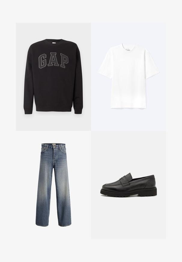 Schwarzes Sweatshirt mit langen Ärmeln und Rundhalsausschnitt, mit großen dunkelgrauen "GAP"-Buchstaben auf der Brust bestickt.; Schlichtes weißes T-Shirt mit kurzen Ärmeln und Rundhalsausschnitt in entspannter Passform, auf hellem Hintergrund dargestellt.; Helle blaue Schlagjeans aus Denim. Sie verfügen über eine hohe Taille, einen Knopfverschluss und subtile Ausbleichungen mit einer glatten Textur und genähten Nähten.; Schwarze Lederloafer mit runder Zehenpartie, genähten Details und einer dicken, strukturierten Sohle. Verfügt über ein schlankes, minimalistisches Design.