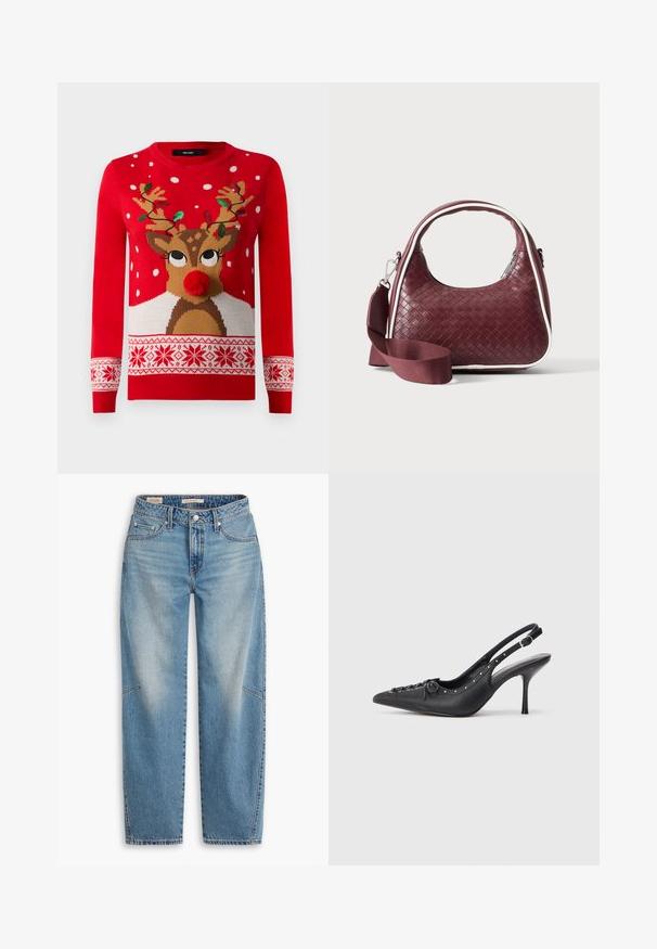 Suéter navideño rojo con cara de reno, nariz de pom-pom, astas decoradas con luces verdes y rojas, y patrones de copos de nieve blancos.; Jeans de mezclilla azul claro con un ajuste holgado, diseño de pierna recta, bragueta de botones y estilo de cinco bolsillos, con sutiles detalles de desteñido y costuras.; Sandal de tacón stiletto negro de cuero con punta afilada, correa lateral con hebilla, tachuelas a lo largo del borde y cordones decorativos en la parte delantera.; Bolso de mano de cuero tejido color granate con asa curva, ribete blanco, cremallera plateada y correa desmontable de tela ancha para el hombro sobre fondo liso.