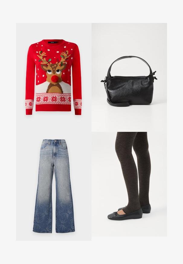 Pull de Noël rouge avec un visage de renne, un nez en pompon, des cornes décorées de lumières vertes et rouges, et des motifs de flocons de neige blancs.; Jean large en denim bleu clair, avec des motifs d'éclat argentés. Taille haute avec fermeture à bouton et design classique à cinq poches.; Jambes portant des leggings côtelés foncés associés à des ballerines noires avec de petits détails en nœud sur fond blanc.; Sac à main en cuir noir au design structuré, avec une poignée arrondie et une bandoulière amovible. Présente une texture lisse et un éclat subtil.