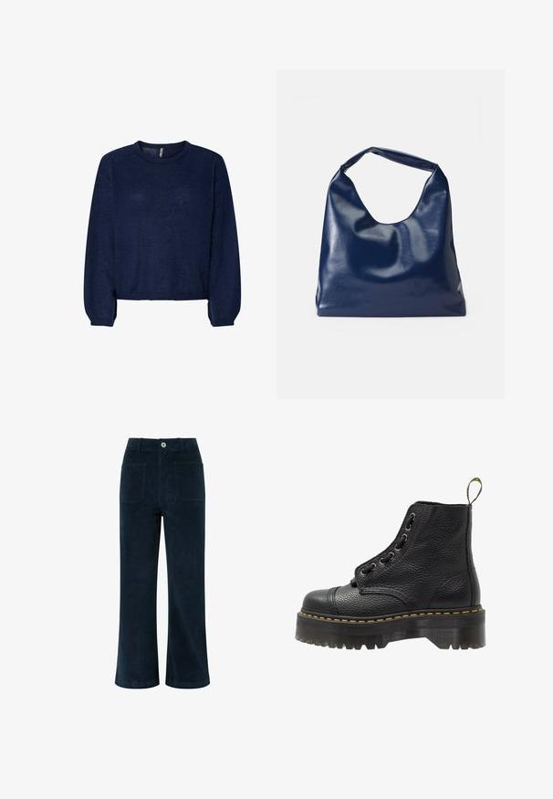 Marineblå strikket sweater med rund halsudskæring, lange ærmer og cropped kant. Blød tekstur, ingen synlige mønstre eller udsmykninger.; Mørkeblå fløjlbukser med høj talje, bred benåbning, to baglommer og knappelukning foran. Blød tekstur med en glat overflade.; Sorte læder ankelstøvler med tekstureret overflade, rund tå, snørebåndsdesign, gule stikninger og en tyk, rillet sort platformsål.; Marineblå kunstlæder skuldertaske med en blød, blank overflade, rund form og et enkelt, bredt håndtag for nem bæring.
