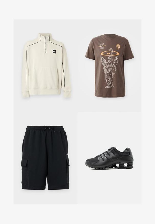 Vaaleanbeige collegepaita puolivetoketjukauluksella, mustilla koristeompeleilla ja etutaskulla, rintakehässä musta Nike Air -logo.; Ruskea puuvillapaita, jossa on valkoisella ääriviivalla varustettu graafinen kuva siivekkäästä patsaasta, Nike-logo ja abstrakteja muotoja oranssina. Paidassa on lyhyet hihat ja pyöreä kaula-aukko.; Mustat puuvillaiset cargo-shortsit, joissa on joustava vyötärönauha ja kiristysnauha, kaksi sivutaskua ja pieni logoyksityiskohta.; Musta urheilukenkä, jossa on teksturoitu päällinen, nauhalliset kiinnikkeet ja tunnistettava jousimainen pohjan tuki, näkyvissä valkoisella taustalla.