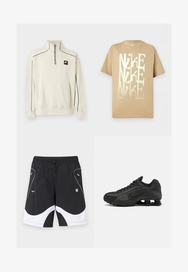 Sweat-shirt beige clair avec un col demi-zip, des coutures décoratives noires et une poche avant, arborant un logo Nike Air noir sur la poitrine.; T-shirt beige à manches courtes Nike avec un grand texte blanc "NIKE" superposé et un petit "NIKE INC." et "OREGON, USA" en bas.; Shorts de sport Nike noir et blanc avec taille élastique, cordon de serrage, poches latérales zippées et garniture réfléchissante sur les panneaux avant.; Baskets de course noires avec une tige en synthétique lisse, des accents perforés, des panneaux latéraux texturés et une semelle distincte et rebondissante.