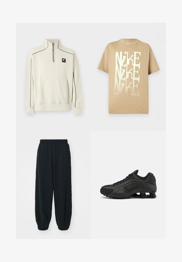 Hellbeiger Pullover mit halbem Reißverschluss am Kragen, schwarzer Ziernaht und Fronttasche, mit einem schwarzen Nike Air Logo auf der Brust.; Beige kurzärmeliges Nike T-Shirt mit überlappendem großem weißen "NIKE"-Schriftzug und kleinem "NIKE INC." sowie "OREGON, USA" unten.; Schwarze Sweatpants mit elastischem Bund, lockerer Passform, gerippten Beinabschlüssen, glatter Textur und ohne sichtbare Muster oder Hardware-Akzente.; Schwarze Laufschuhe mit einem glatten synthetischen Obermaterial, durchbrochenen Akzenten, strukturierten Seitenpaneelen und einer ausgeprägten federnden Sohle.