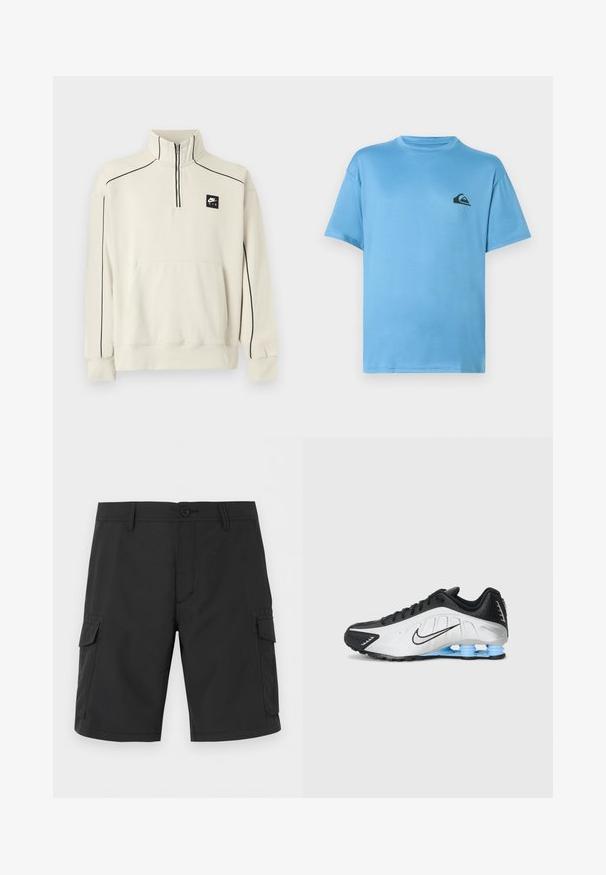 Svetlo béžová mikina s polovičným zipsom na golieri, čiernym akcentovým prešívaním a predným vreckom, na hrudi s čiernym logom Nike Air.; Svetlomodré tričko s krátkym rukávom a okrúhlym výstrihom, s malým čiernym logom vlny a hory na ľavej strane hrudníka.; Čierne cargo šortky po kolená s opaskovými očkami, zapínaním na gombíky, prednými vreckami a klopovými vreckami na oboch stranách.; Bežecká obuv Nike s čierno-bielym syntetickým zvrškom, textúrovaným dizajnom a modrou gumovou podrážkou so stĺpcami na tlmenie nárazov.
