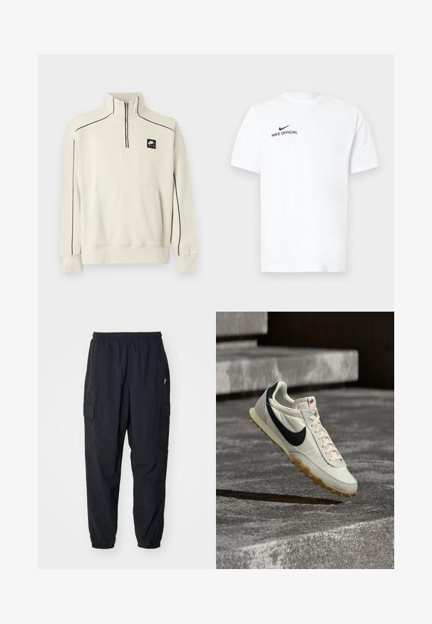 Lysebeige sweatshirt med halv lynlås krave, sort kontrastsyning og en frontlomme, med en sort Nike Air-logo på brystet.; Hvid bomulds T-shirt med korte ærmer. Har en sort "Nike Official"-logo og en sort swoosh på venstre brystside.; Sorte cargo-bukser lavet af letvægtsmateriale, der har en elastisk talje, sidelommer og en afslappet pasform med elastiske manchetter.; Hvid og sort Nike-sneaker med gummisål hængende over betontrapper, oplyst af naturligt sollys.