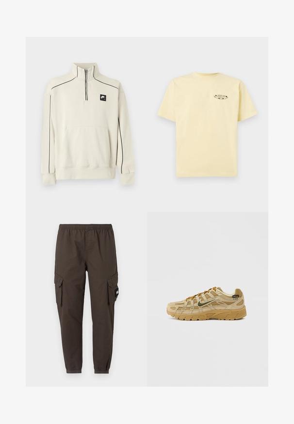 Lysebeige sweatshirt med halv lynlås krave, sort kontrastsyning og en frontlomme, med en sort Nike Air-logo på brystet.; Gul bomulds T-shirt med korte ærmer og ronde halsudskæring, med et trykt grafisk logo på venstre brystområde.; Cargo bukser i mørkebrunt stof, med elastisk talje, tapered ben og to sidelommer med klapper.; Beige sportssko med struktureret ruskind og meshpaneler, kontrasterende brune snørebånd og en robust gummisål. Har et fremtrædende logo.