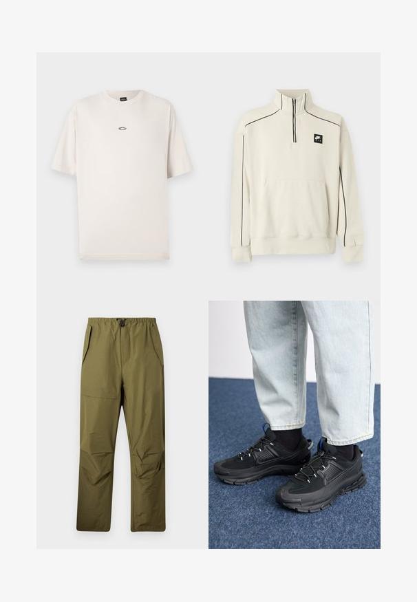 Lysebeige sweatshirt med halv lynlås krave, sort kontrastsyning og en frontlomme, med en sort Nike Air-logo på brystet.; Oakley RISE TEE - T-shirts basic - mist; Oliven grønne lige ben bukser med elastisk talje og snor, der har sidelommer og en flaplomme på højre lår.; Sorte træningssko med tekstureret stof og gummisåler, udstyret med elastiske snørebånd og en blå detalje på hælen. Bæres med lyse denimbukser.