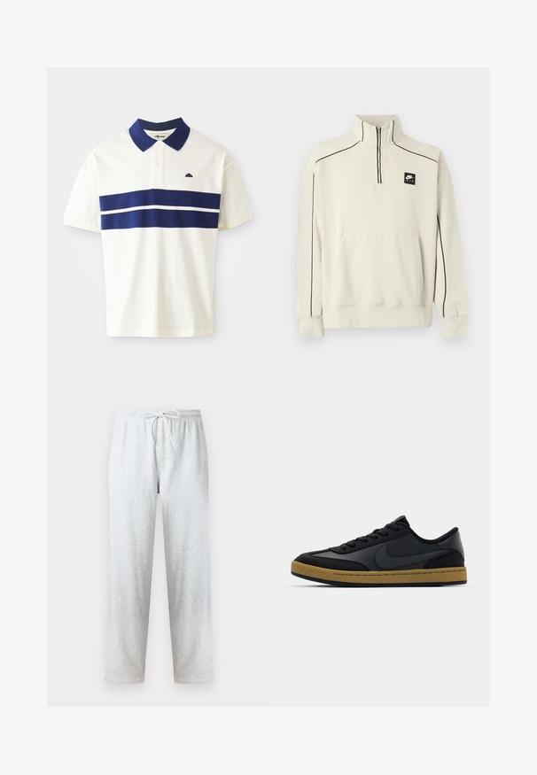 Sweat-shirt beige clair avec un col demi-zip, des coutures décoratives noires et une poche avant, arborant un logo Nike Air noir sur la poitrine.; T-shirt polo blanc avec des rayures marines sur la poitrine et le col. Il a des manches courtes et un petit logo sur le côté gauche près du col.; Pantalon de survêtement gris en tissu doux, avec une taille élastique et un cordon de serrage, jambes droites. Aucun motif ni accent visible.; Baskets en cuir noir au design bas, fermeture à lacets, semelle en caoutchouc et accents couleur gomme. Présente un logo sur le côté et des matériaux texturés.