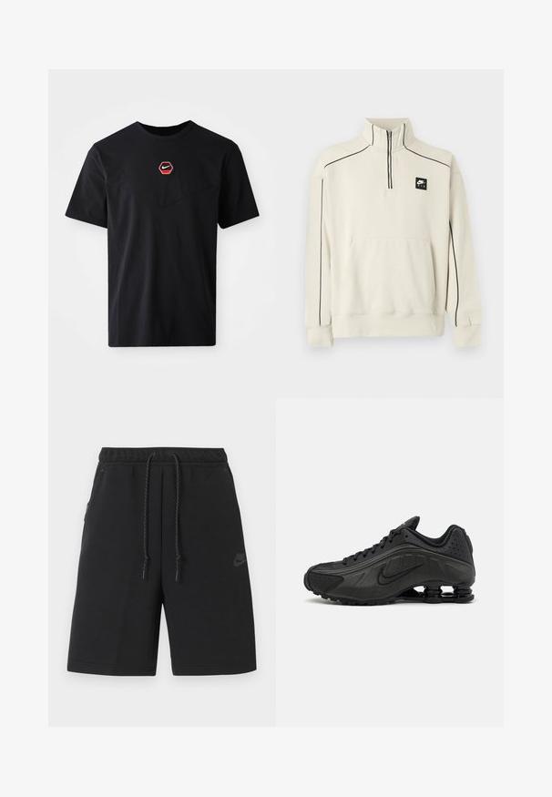 Svetlo béžová mikina s polovičným zipsom na golieri, čiernym akcentovým prešívaním a predným vreckom, na hrudi s čiernym logom Nike Air.; Čierne tričko s krátkym rukávom z bavlny, s červeno-bielym šesťuholníkovým logom Nike na hrudi a zaobleným výstrihom.; Čierne športové šortky Nike s elastickým pásom, šnúrkou, bočnými vreckami a jemným logom na ľavom stehne.; Čierne bežecké topánky s hladkým syntetickým zvrškom, perforovanými akcentmi, textúrovanými bočnými panelmi a výraznou pružnou podrážkou.