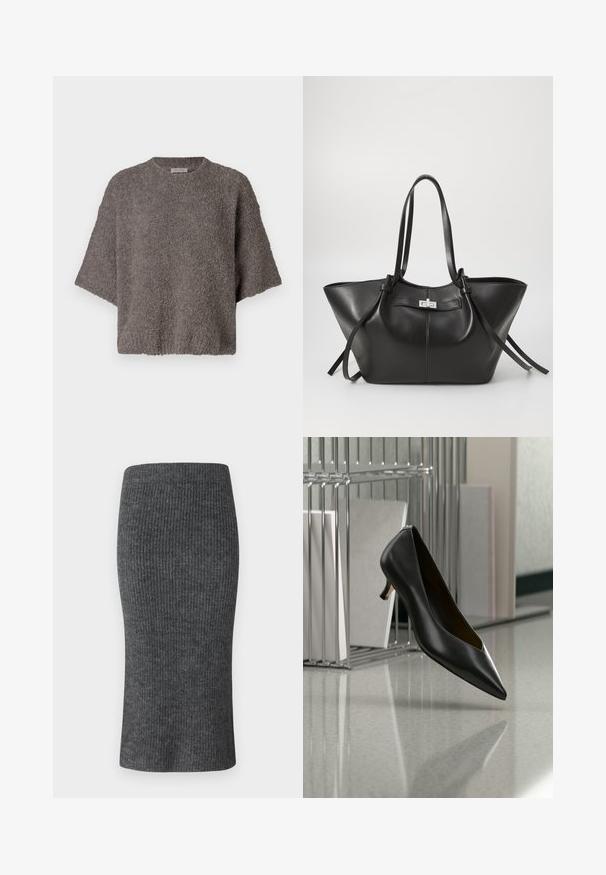 Brun, tekstureret, oversized striktop med korte ærmer og rund halsudskæring. Blødt, fuzzy materiale med en løs pasform og minimale design detaljer.; Grå ribbet blyantskørt med en tætsiddende facon, høj talje og glat tekstur. Designet til en strømlinet silhuet.; Sort læder sko med spids tå og lav hæl, der svæver over en grå plettet gulv, ved siden af en metal filopsamler med mapper.; Sort læder tote taske med en bred, trekantet form. Har en slank metallisk lås, lange håndtag og glat tekstur.