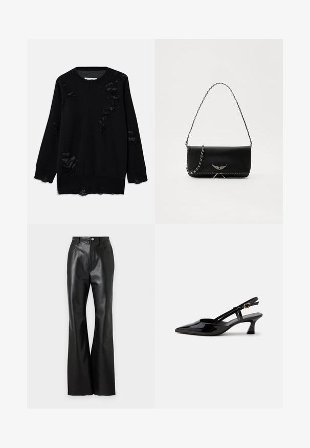 Un pull noir en tissu doux avec plusieurs zones usées, un col rond et des manches longues. Finition texturée près des ourlets.; Pantalons évasés en cuir noir avec une finition soignée, poches avant et couture contrastante. Comprend une fermeture à bouton et une taille structurée.; Chaussure slingback en cuir verni noir à petit talon, bout pointu et bride réglable avec boucle dorée sur fond blanc.; Sac à main en cuir noir avec une bandoulière en chaîne argentée, présentant des accents décoratifs en forme d'ailes et des coutures blanches le long de la couture inférieure.