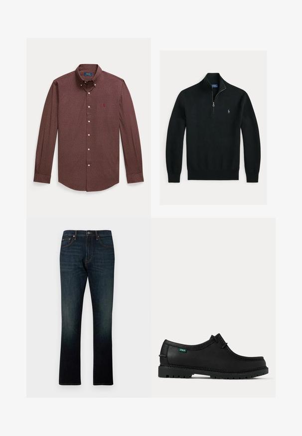 Sort strikket pullover med lange ærmer, kvartlynlås og lille broderet hestelogo på venstre bryst.; Rød og navy skjorte med knapper, et lille geometrisk mønster, lange ærmer og en klassisk krave. Har et lille logo på brystet.; Mørkeblå straight-leg denim jeans med fem lommer og orange syninger, vist fladt på en hvid baggrund.; Sort læder snøresko til hverdagsbrug med tyk mønstret sål og lille grøn "Polo" mærkat på siden nær hælen.