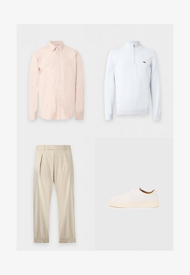 Pull en maille blanc à manches longues avec col à fermeture éclair partielle et petit logo crocodile vert sur le côté gauche de la poitrine.; Chemise rose clair à manches longues avec boutons, col pointu, logo discret sur la poitrine et poignets boutonnés sur un fond blanc uni.; Pantalon beige plissé avec passants de ceinture, poches avant et ourlets retroussés, présenté à plat sur fond blanc.; Baskets blanches basses avec un design à lacets, des détails de couture minimalistes, et une semelle couleur crème sur un fond gris clair.