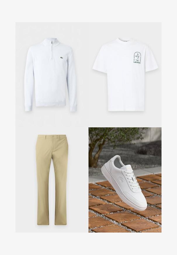 Witte gebreide trui met lange mouwen, kwart-ritssluiting bij de kraag en een klein groen krokodillenlogo op de linkerborst.; Witte katoenen t-shirt met korte mouwen, ronde halslijn en een groene grafische print met een tennisser en tekst op de linkerborst.; Beige broeken met een platte voorkant, knoopsluiting en rechte pijpen. Gemaakt van een gladde stof met minimale zichtbare naden.; Witte Lacoste-sneaker met veters zwevend boven houten vierkante tegels en kleine grijze kiezelstenen, wazige achtergrond van een boom en een muur.
