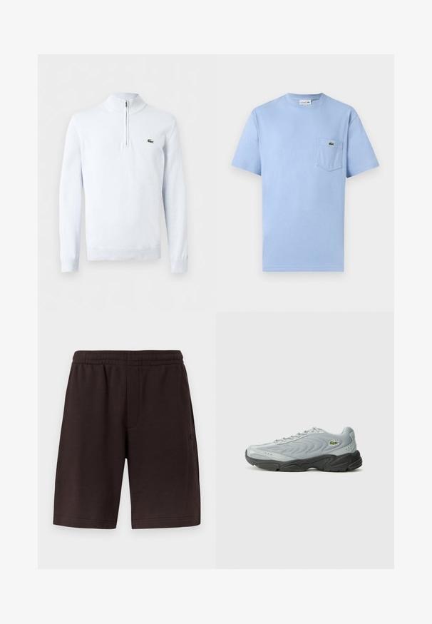 Pull en maille blanc à manches longues avec col à fermeture éclair partielle et petit logo crocodile vert sur le côté gauche de la poitrine.; T-shirt bleu clair à manches courtes avec une poche avant ornée d'un petit logo crocodile vert Lacoste.; Shorts en coton brun foncé avec une ceinture élastique et des poches latérales. Le design présente une texture simple et lisse, sans motifs.; Chaussure de sport grise avec une tige texturée, semelle en caoutchouc noire et design à lacets. Présente un petit logo vert sur le côté.