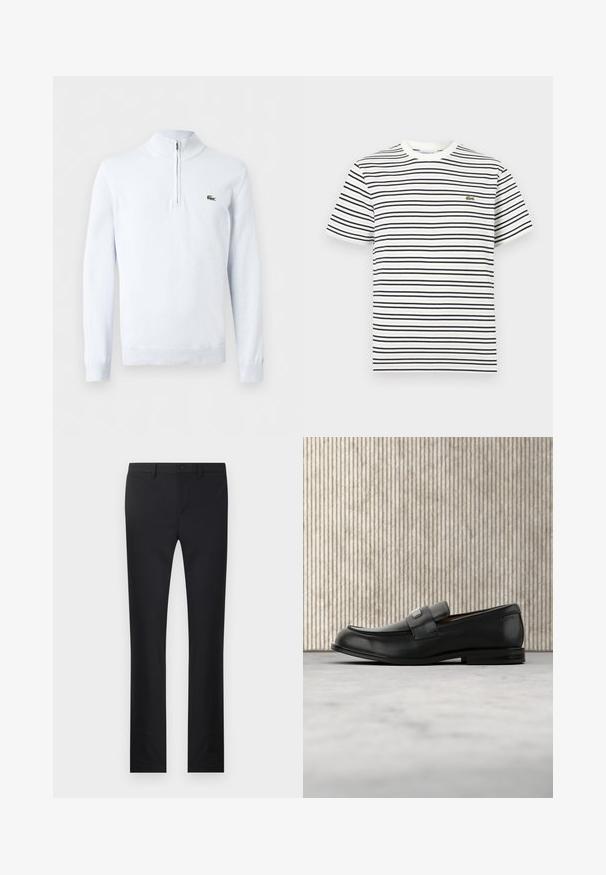 Jersey de punto blanco de manga larga con cuello de cremallera de un cuarto y pequeño logotipo de cocodrilo verde en el pecho izquierdo.; Camiseta blanca de manga corta con rayas horizontales negras y un pequeño logo de cocodrilo verde en el pecho izquierdo.; Pantalones negros con diseño de pierna recta, confeccionados en una tela suave. Presenta bolsillos frontales, cierre de botón y trabillas para cinturón.; Mocasín de cuero negro con una placa metálica de marca apoyado cerca de una mesa redonda marrón sobre un suelo alfombrado beige.