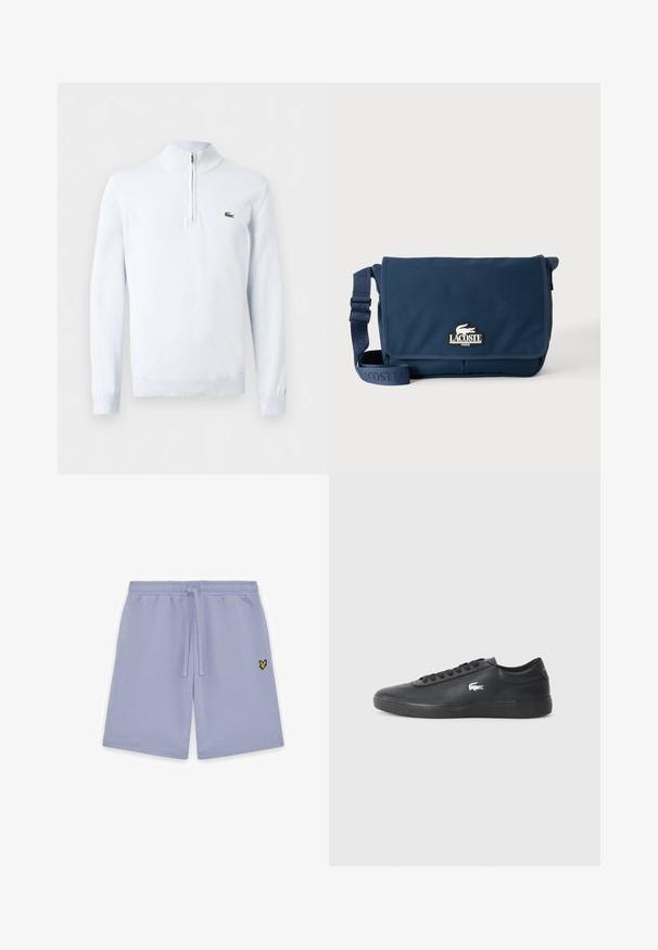 Pull en maille blanc à manches longues avec col à fermeture éclair partielle et petit logo crocodile vert sur le côté gauche de la poitrine.; Shorts décontractés violet clair avec taille élastique et cordon de serrage, comportant un petit logo brodé représentant un oiseau jaune et noir sur la jambe droite.; Sneaker en cuir noir avec bout arrondi, semelle plate et logo blanc sur le côté. Présente des lacets noirs et une finition lisse et mate.; Sac messager Lacoste bleu marine avec bandoulière réglable et écusson logo sur le rabat avant, sur un fond clair uni.