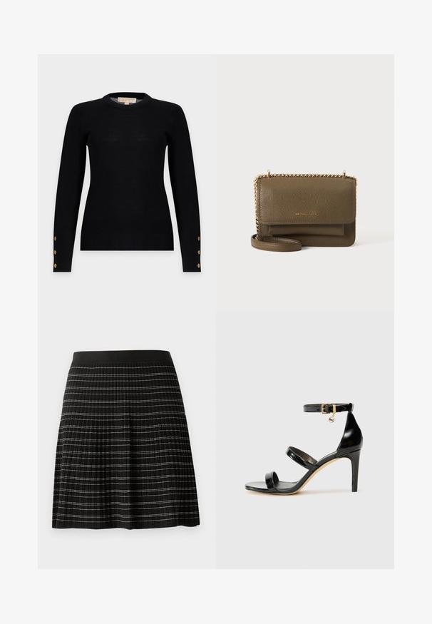 Sort tætsiddende sweater med lange ærmer, rund halsudskæring og tre guldknapper på hver ærmekant.; Sort plisseret nederdel med en glat talje, der har subtile kontrasterende vandrette striber i sølv og hvid på stoffet.; Sorte patenterede lædersandaler med tre stropper, ankelspænde og 10 cm stiletthæl. Har detaljer i guld og et logo charms.; Olivengrøn Michael Kors læder crossbody-taske med klaplås, guldkædestrop og forlomme, vist mod en plain hvid baggrund.