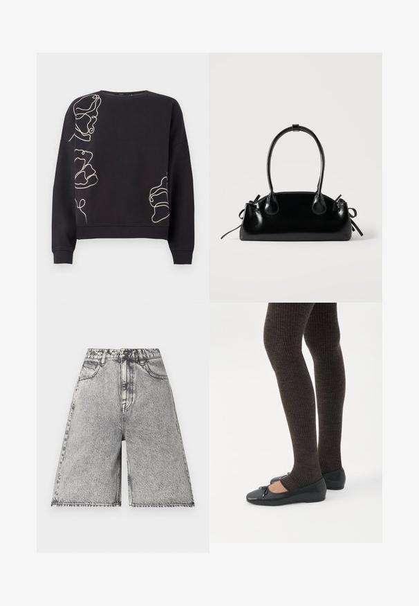 Sweatshirt noir à manches longues avec des motifs floraux abstraits en ligne continue beige sur l'épaule gauche, le bas à droite et le côté gauche.; Shorts en denim avec un motif délavé noir et gris, présentés avec une taille haute, des passants de ceinture et cinq poches. Les bords sont finis.; Jambes portant des leggings côtelés foncés associés à des ballerines noires avec de petits détails en nœud sur fond blanc.; Petit sac à main noir brillant avec deux longues anses et des détails à cordon sur les côtés sur un fond clair uni.