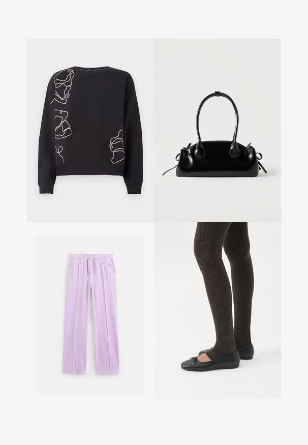 Sort langærmet sweatshirt med beige abstrakte kontinuerlige linje blomsterdesigns på venstre skulder, nederste højre side og venstre side.; Lyse lilla sweatpants med lige ben, elastisk talje, justerbare snore og lynlåslommer i siderne.; Ben iført mørke ribbede leggings kombineret med sorte balletsko med små sløjfedetaljer på hvid baggrund.; Lille sort blank håndtaske med to lange håndtag og snøre-detaljer i siden på en ensfarvet lys baggrund.