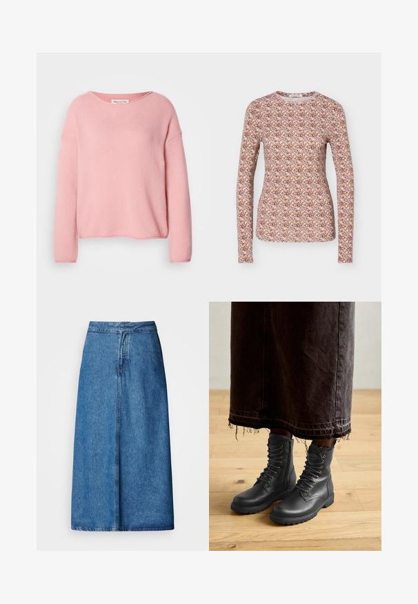 Lyserød sweater med løs pasform, ribbet tekstur, bred halsudskæring og lange ærmer. Minimalistisk design uden ekstra pynt.; Langærmet tætsiddende top med rund halsudskæring, med et gentagende geometrisk mønster i brun, pink og lyseblå nuancer.; Denim midi-nederdel med afslappet pasform, høj talje, frynset kant og ensfarvet blå. Enkel design uden synlige udsmykninger.; Sorte læder snørebåndstøvler med tekstureret overflade, midt på læggen, rundet tå og robust sål, parret med en mørk, frynset denimnederdel.