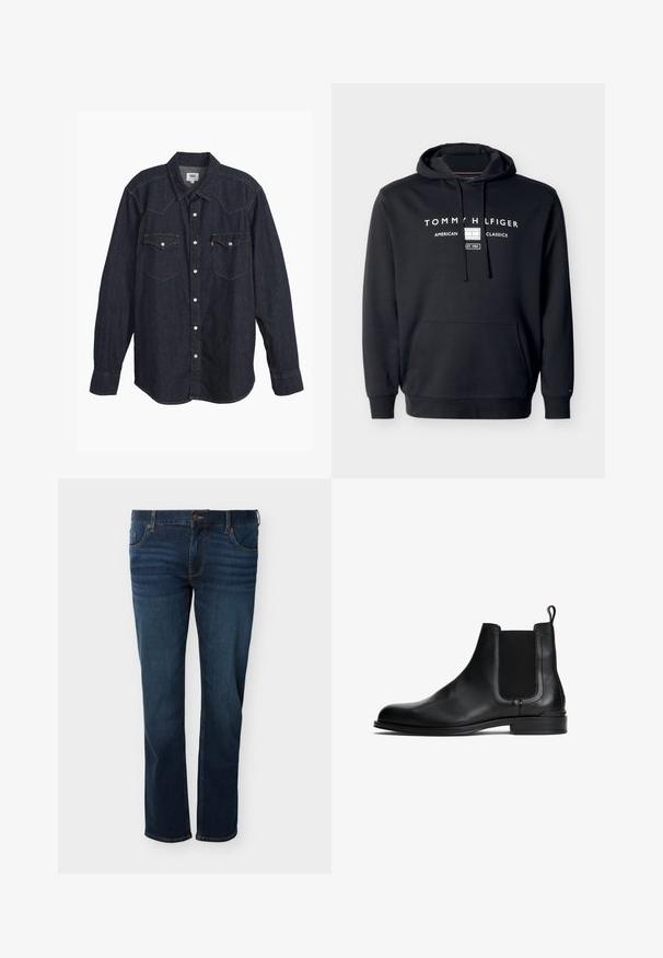 Schwarzer Tommy Hilfiger Kapuzenpullover mit Fronttasche, Kapuze mit Kordelzug und weißem "American Classics"-Logo sowie Flaggenmotiv auf der Brust.; Dunkelblauses Denim-Hemd mit langen Ärmeln und spitzem Kragen, zwei Brusttaschen, weißen Knöpfen und kontrastierendem gelbem Stich. Glattes, robustes Material.; Dunkelblaue Jeans mit geradem Bein, fünf Taschen, Knopfverschluss und sichtbaren orangen Nähten.; Schwarze Leder-Chelsea-Stiefel mit elastischen Seitenpaneelen, abgerundeter Zehenpartie, flacher Sohle und einer Zugschlaufe an der Rückseite für ein einfaches Anziehen. Glatte Textur.