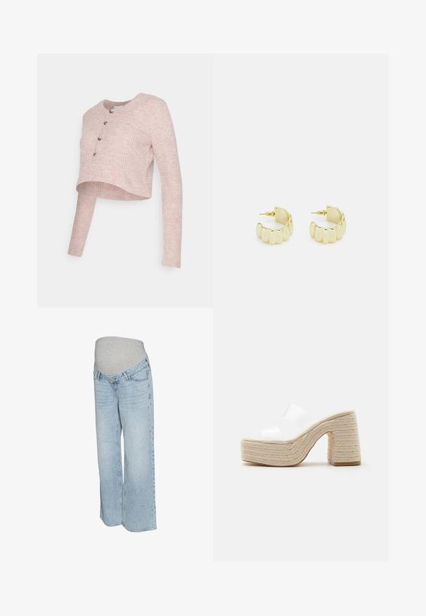 Pull court en maille côtelée rose avec manches longues, col rond et cinq boutons sur le devant. La texture semble douce et tricotée.; Jeans en denim bleu clair avec une taille élastique grise, design à jambes larges et style traditionnel à cinq poches. Texture lisse avec un délavage passé.; Sandale plateforme avec talon et semelle beige tressés épais, dotée de deux larges brides blanches translucides sur le pied.; Boucles d'oreilles en métal doré en forme de créoles avec un design ondulé et festonné. Dotées d'une surface texturée et d'une fermeture par tige sécurisée pour un port facile.