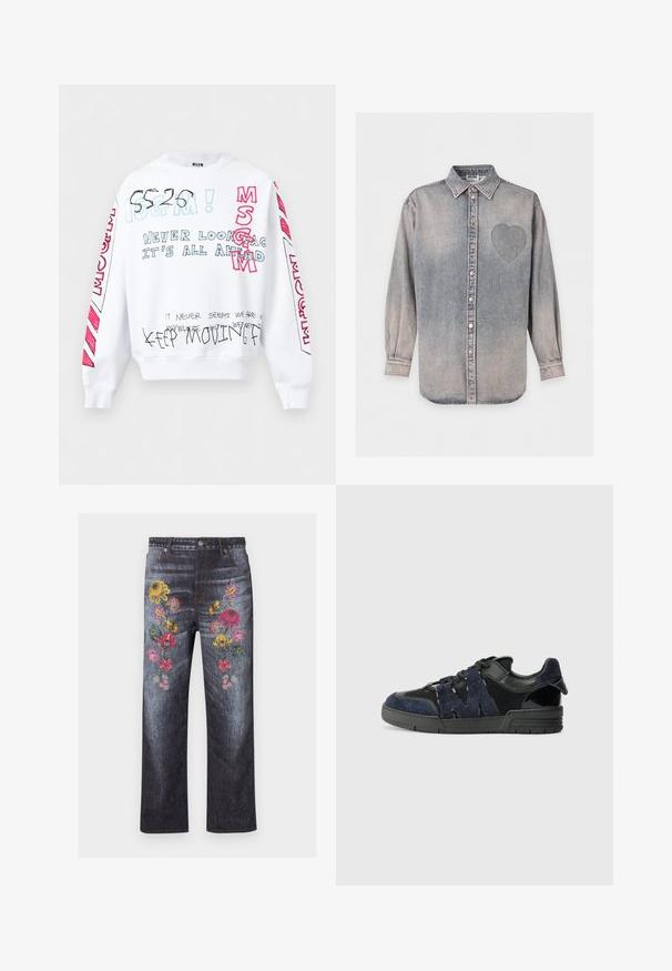 Weißes Sweatshirt mit langen Ärmeln und mehrfarbigem handgeschriebenem Text, darunter "MSGM", "Schau niemals zurück, alles liegt vor dir" und "Mach weiter vorwärts".; Graues Jeanshemd mit langen Ärmeln, Kragen und einem aufgenähten Herz auf der linken Brustseite.; Dunkelblaue Jeans mit hohem Bund, geraden Beinen und bunten, bestickten Blumenmustern auf den vorderen Oberschenkeln.; Schwarze und marineblaue Sneakers aus Wildleder und Mesh-Materialien, mit einer dicken Sohle und einem markanten Ausschnitt in Form eines "M"-Details an der Seite.