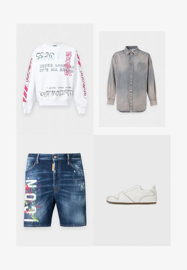 Sweatshirt blanc à manches longues avec texte manuscrit multicolore comprenant "MSGM", "Ne regarde jamais en arrière, tout est devant" et "Continue à avancer".; Chemise en denim gris à manches longues, avec un col et un cœur cousu sur le côté gauche de la poitrine.; Shorts en denim à lavage foncé avec une texture usée, présentant des éclaboussures de peinture multicolores et un lettrage graphique blanc audacieux à l'avant.; Baskets blanches avec une tige en tissu lisse, des accents beige, un bout arrondi et une semelle en caoutchouc. Présente un design à lacets et des coutures sur les côtés.