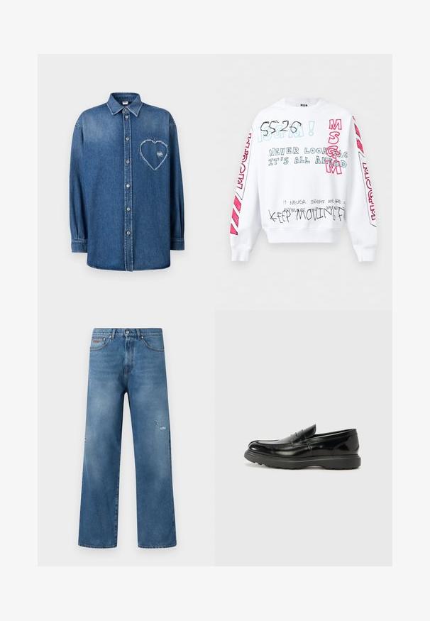 Sweatshirt blanc à manches longues avec texte manuscrit multicolore comprenant "MSGM", "Ne regarde jamais en arrière, tout est devant" et "Continue à avancer".; Chemise en denim bleu à manches longues avec une patte de boutonnage, un col et un patch en forme de cœur effiloché sur la poitrine gauche.; Jean en denim bleu avec une coupe droite, légère usure sur la cuisse droite, style cinq poches, et taille avec fermeture à boutons.; Mocassin en cuir noir avec une finition brillante, bout arrondi, détails de couture subtils et semelle en caoutchouc épaisse pour la durabilité.