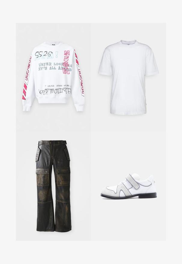 Witte sweatshirt met lange mouwen met meerkleurige handgeschreven tekst, waaronder "MSGM," "Kijk nooit terug, alles ligt voor je," en "Blijf vooruitgaan."; Witte katoenen t-shirt met een ronde hals, korte mouwen en een rechte zoom. Heeft een klein merktag aan de linkerkant van de zijnaad.; Zwarte leren cargobroeken met een versleten textuur, voorzien van grote zijzakken, een hoge taille en contrasterende stiksels over de naden.; Witte leren en grijze suède nette schoen met zwarte zool en een enkele brede klittenband sluiting aan de zijkant.