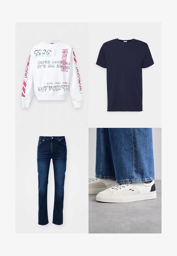 Weißes Sweatshirt mit langen Ärmeln und mehrfarbigem handgeschriebenem Text, darunter "MSGM", "Schau niemals zurück, alles liegt vor dir" und "Mach weiter vorwärts".; Marineblaues T-Shirt mit kurzen Ärmeln aus weichem Stoff. Es hat einen Rundhalsausschnitt und einen geraden Schnitt ohne Muster oder Akzente.; Dunkelblaue Jeans aus Denim im geraden Schnitt, mit einem klassischen Fünf-Taschen-Design und dezenten Nähdetails.; Weiße und schwarze Sneaker mit einem Obermaterial aus glattem Leder, strukturierten Akzenten und einer massiven weißen Sohle. Verfügt über ein klassisches Schnürdesign.